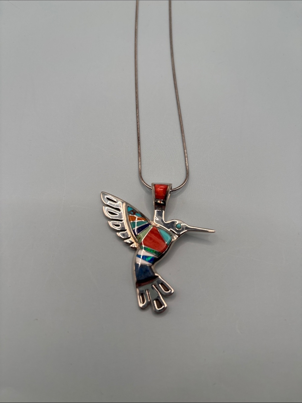 Gorgeous Sterling Silver Jasper Turquoise Lapis Opal Inlay Hummingbird Necklace - Picture 2 of 6